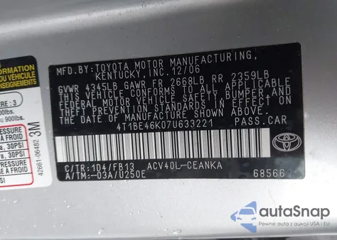 2007 Toyota Camry Le из США, поврежденный, VIN 4T1BE46K07U633221